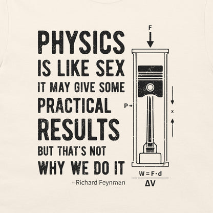 Close-up of black Richard Feynman quote typography and piston diagram on a natural T-shirt