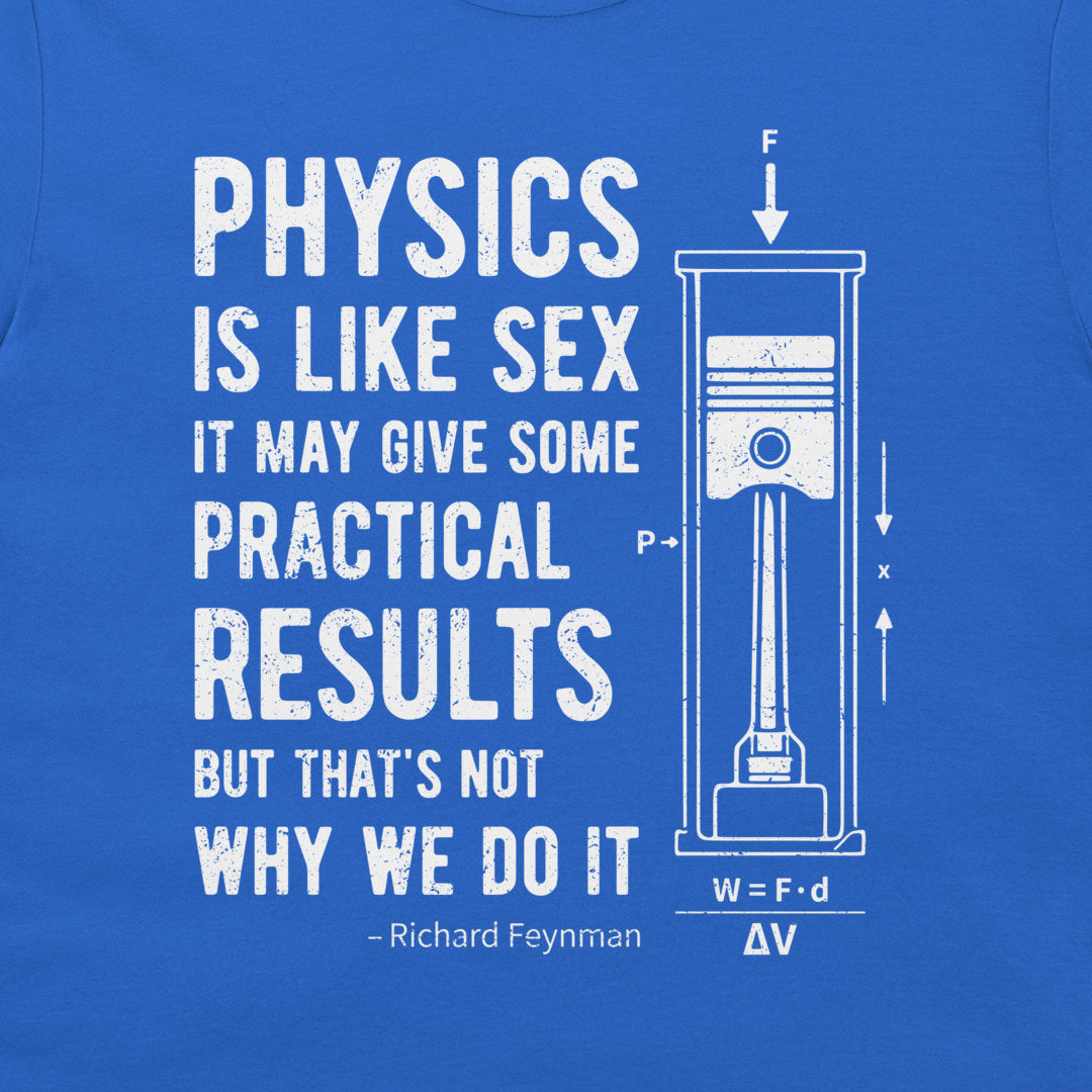 Close-up of the white physics quote and force-annotated piston design on a royal blue T-shirt