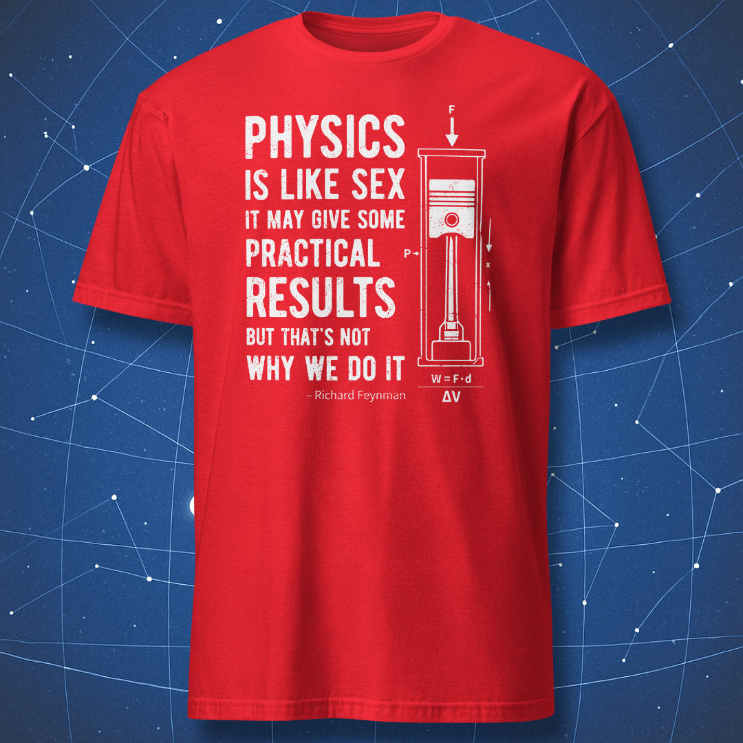 Red physics T-shirt featuring a white Richard Feynman quote and mechanical piston diagram