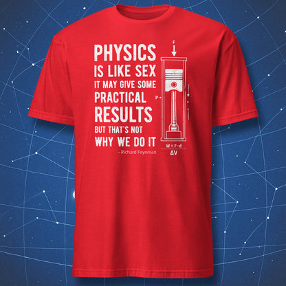 Red physics T-shirt featuring a white Richard Feynman quote and mechanical piston diagram