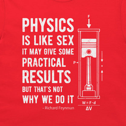 Close-up of the Physics Is Like Sex quote and technical piston artwork on a red T-shirt