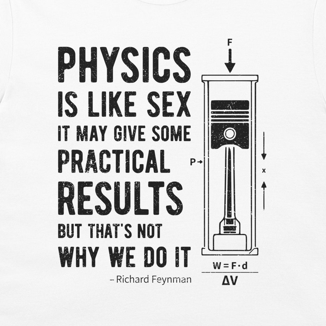 Close-up of black Richard Feynman quote typography and piston illustration on a white T-shirt