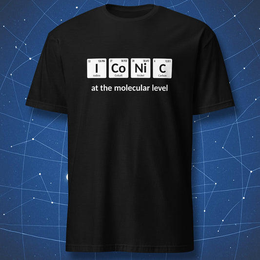 Black chemistry T-shirt with I Co Ni C periodic table elements and at the molecular level text