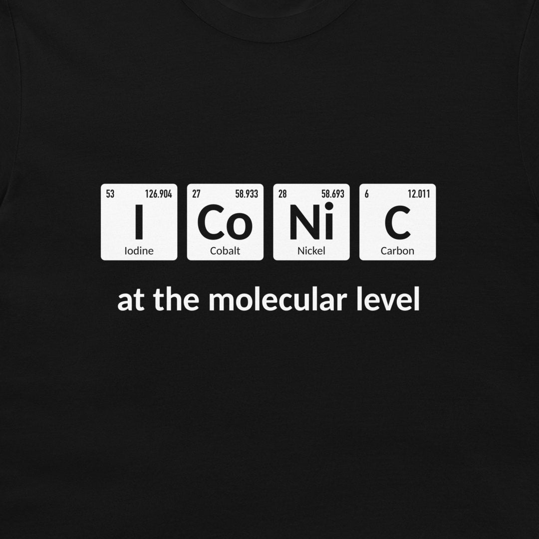 Close-up of I Co Ni C periodic table chemistry pun printed on a black T-shirt
