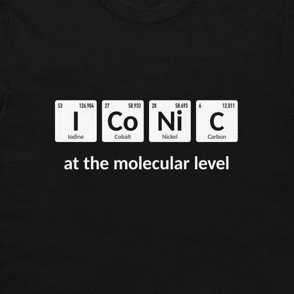 Close-up of I Co Ni C periodic table chemistry pun printed on a black T-shirt