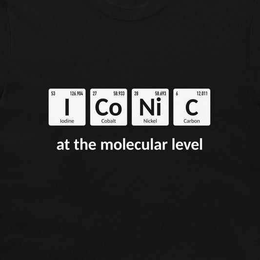 Close-up of I Co Ni C periodic table chemistry pun printed on a black T-shirt