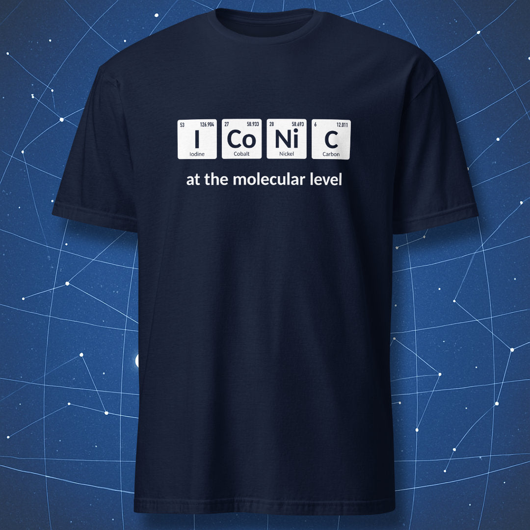 Navy chemistry T-shirt featuring the I Co Ni C iconic at the molecular level design
