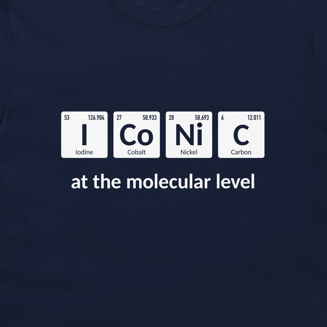 Close-up of iconic spelled with periodic table elements on a navy blue T-shirt