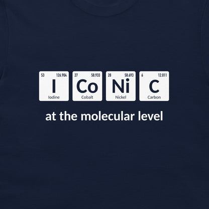 Close-up of iconic spelled with periodic table elements on a navy blue T-shirt