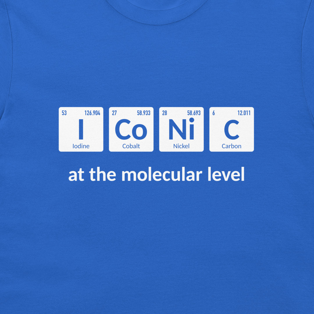 Close-up of I Co Ni C chemistry joke and at the molecular level text on a royal blue shirt