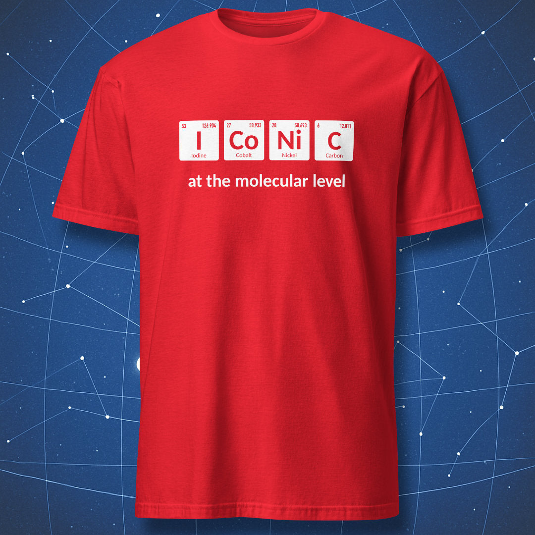 Red chemistry T-shirt featuring iconic spelled with iodine, cobalt, nickel, and carbon