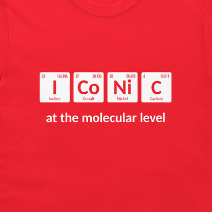 Close-up of the I Co Ni C periodic table pun printed in white on a red T-shirt