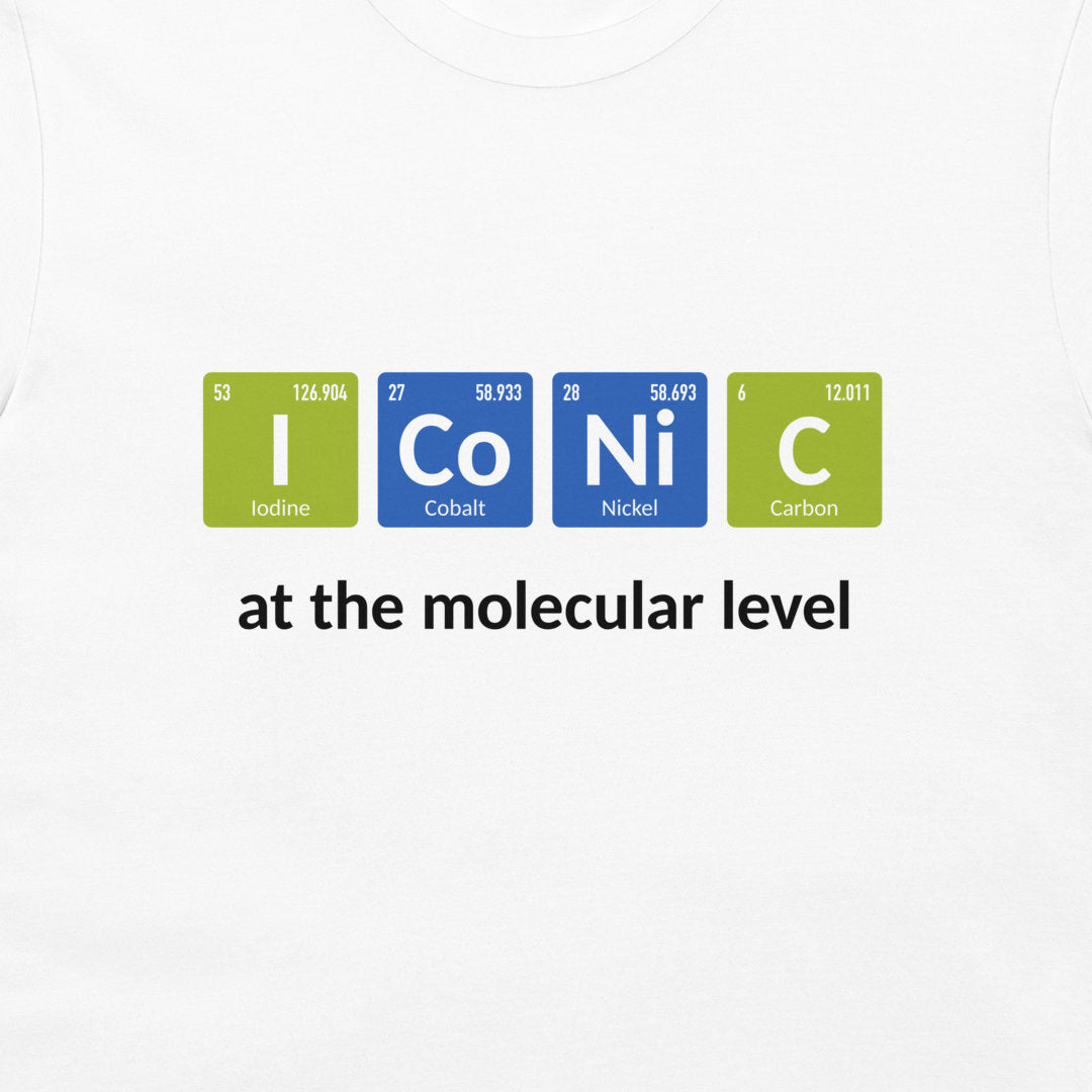 Close-up of colorful periodic table elements spelling iconic on a white chemistry T-shirt