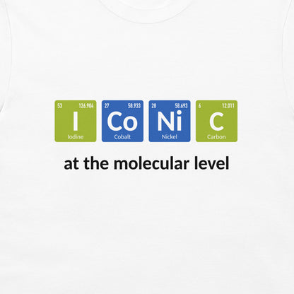 Close-up of colorful periodic table elements spelling iconic on a white chemistry T-shirt