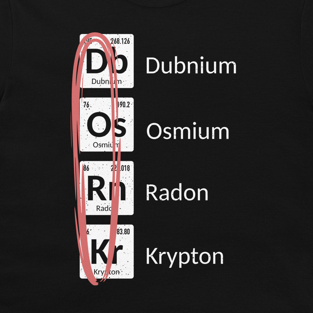 Close-up of DORK chemistry design made from Dubnium, Osmium, Radon, and Krypton on a black T-shirt.