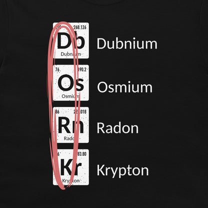 Close-up of DORK chemistry design made from Dubnium, Osmium, Radon, and Krypton on a black T-shirt.