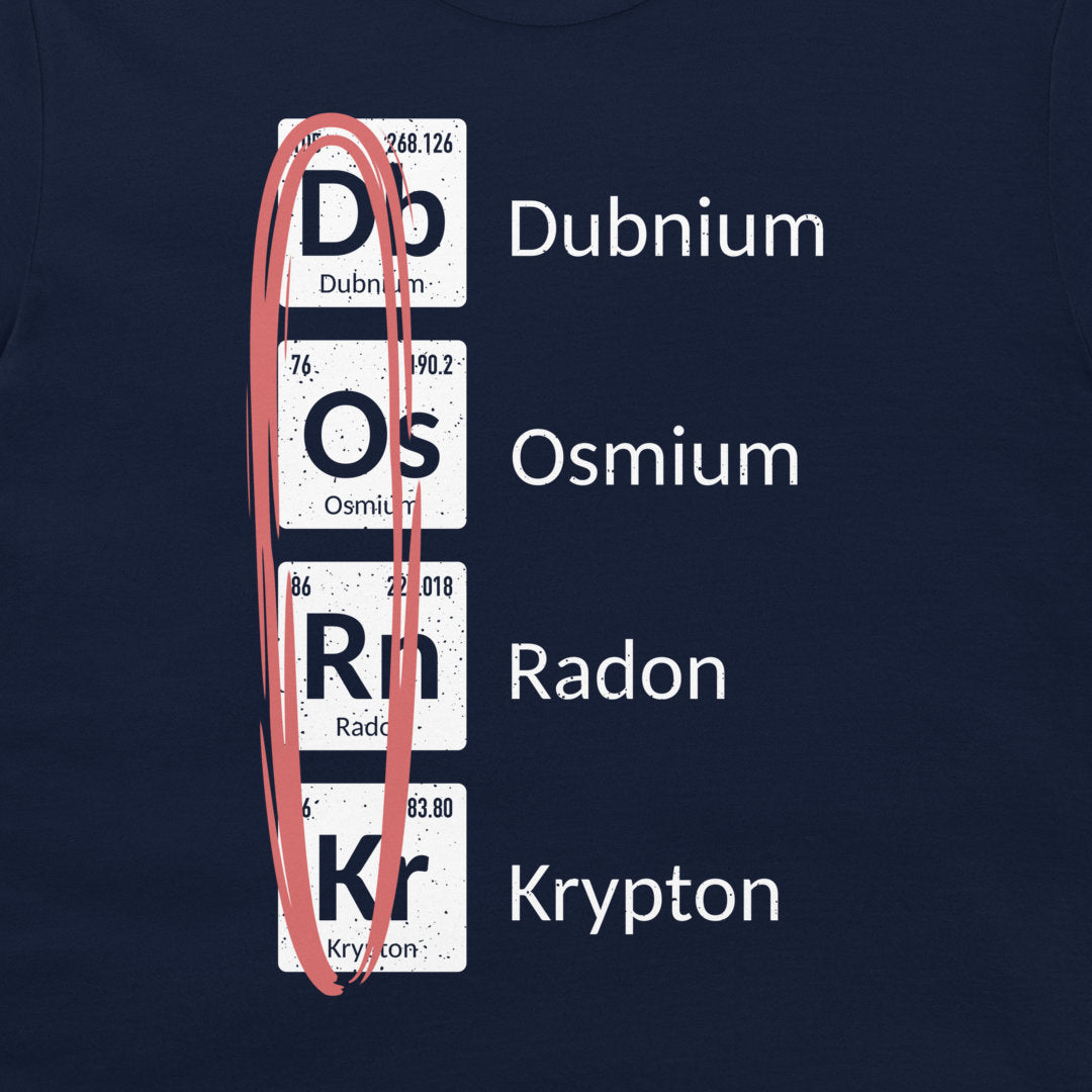 Close-up of funny DORK periodic table design printed in white, black, and red on a navy T-shirt.