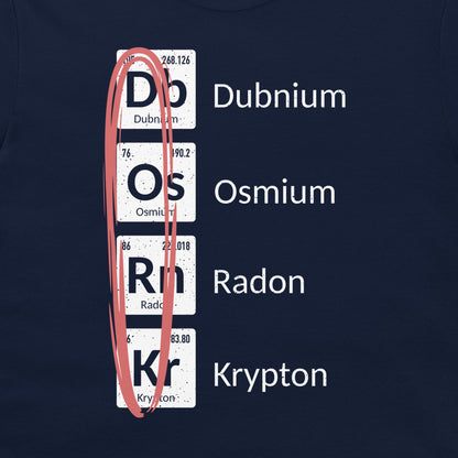 Close-up of funny DORK periodic table design printed in white, black, and red on a navy T-shirt.