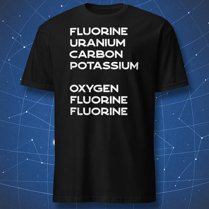 Black Elemental Go Away chemistry T-shirt with a hidden message written using full element names