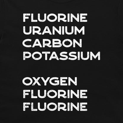 Close-up of white element names forming a hidden chemistry message on a black T-shirt