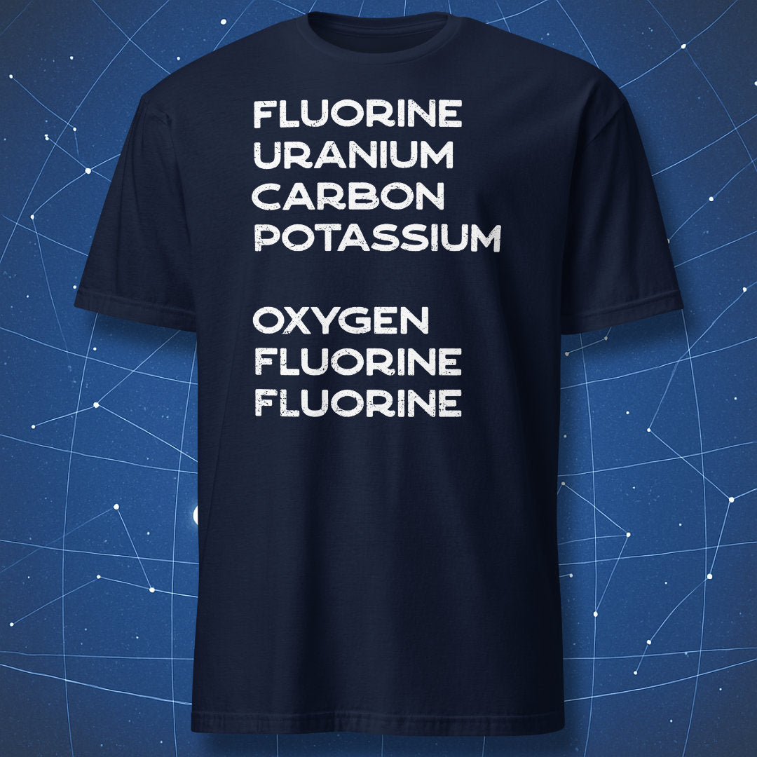 Navy Elemental Go Away chemistry T-shirt featuring a sarcastic element-name word puzzle