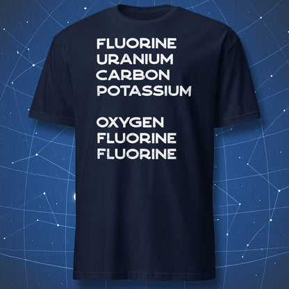 Navy Elemental Go Away chemistry T-shirt featuring a sarcastic element-name word puzzle