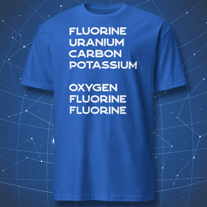 Royal blue chemistry T-shirt with stacked element names concealing a sarcastic message