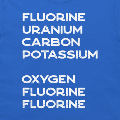 Close-up of white distressed element-name typography on a royal blue chemistry shirt