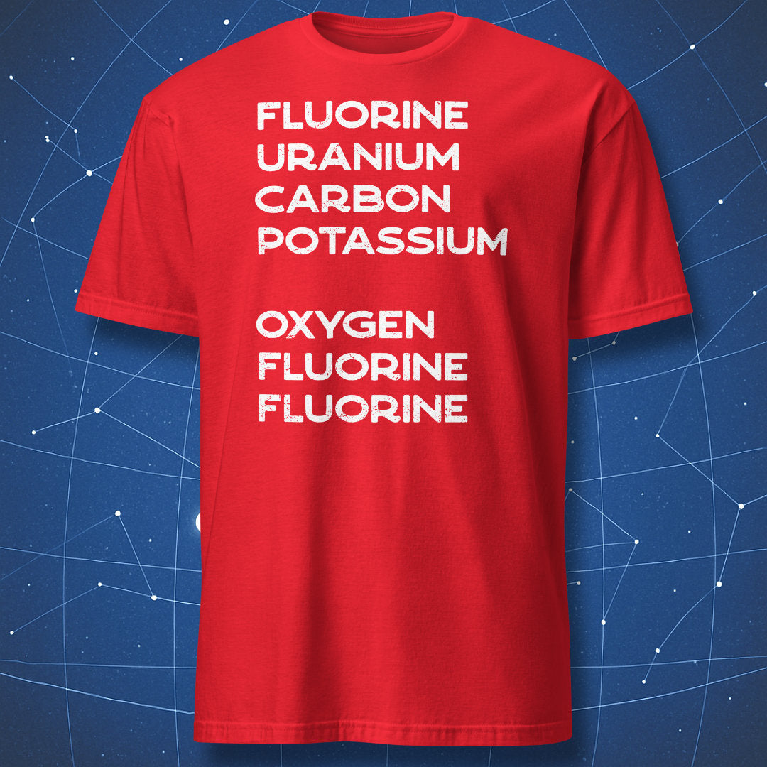 Red Elemental Go Away T-shirt with a clever hidden message created from chemical element names