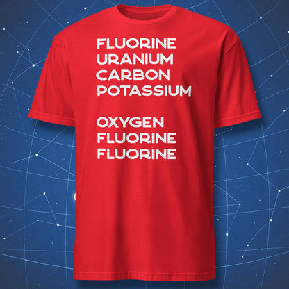 Red Elemental Go Away T-shirt with a clever hidden message created from chemical element names