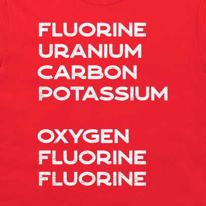 Close-up of a sarcastic chemistry word puzzle printed in white on a red T-shirt