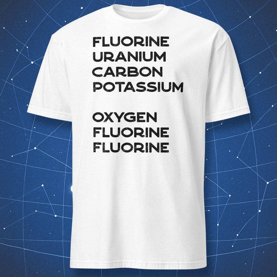 White chemistry T-shirt with black element names arranged to form a hidden message