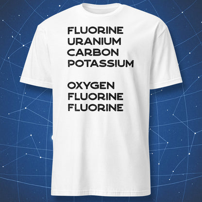 White chemistry T-shirt with black element names arranged to form a hidden message