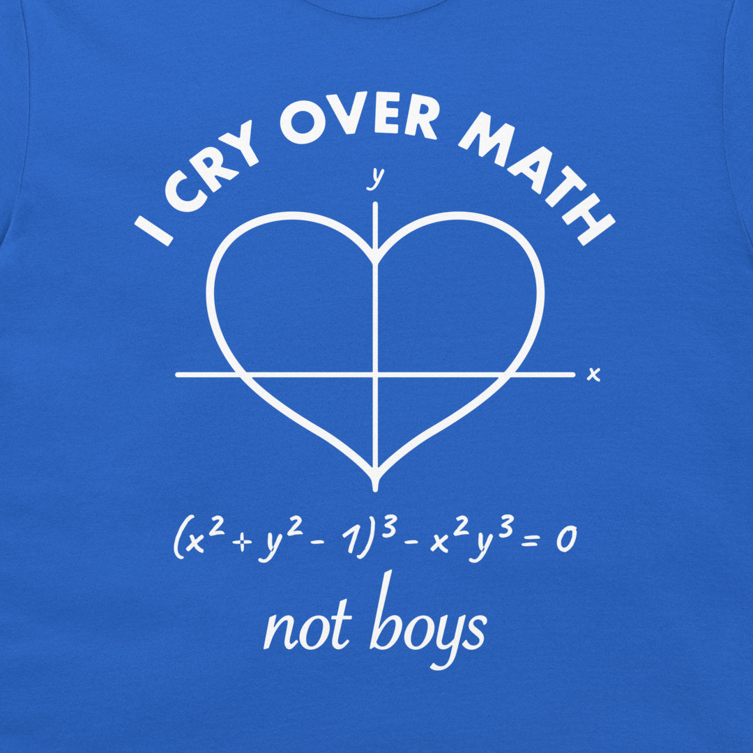 Close-up of math heart curve, equation and Not Boys slogan on a royal blue T-shirt