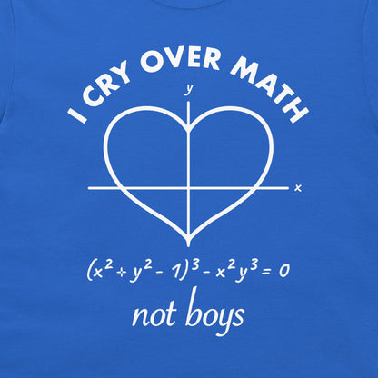 Close-up of math heart curve, equation and Not Boys slogan on a royal blue T-shirt