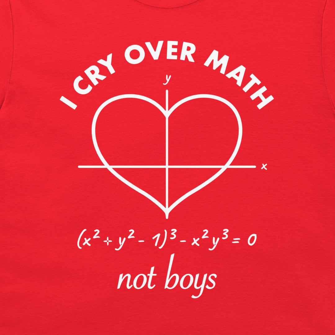 Close-up of white I Cry Over Math Not Boys mathematical heart design on a red T-shirt