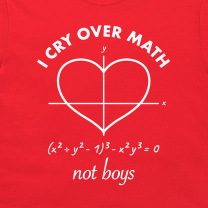 Close-up of white I Cry Over Math Not Boys mathematical heart design on a red T-shirt