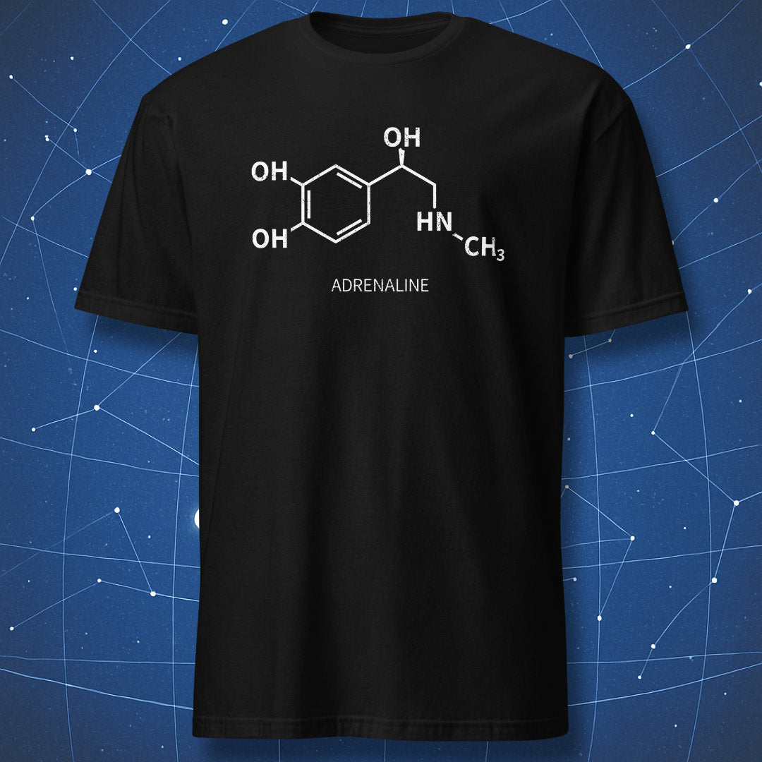 Black adrenaline molecule T-shirt with chemical structure design on a blue science background