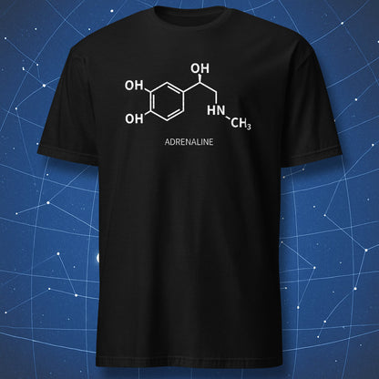 Black adrenaline molecule T-shirt with chemical structure design on a blue science background