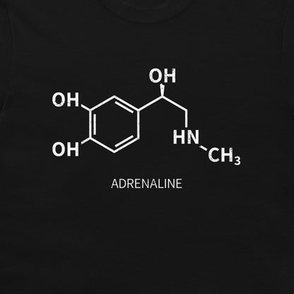 Close-up of white adrenaline chemical formula printed on a black T-shirt