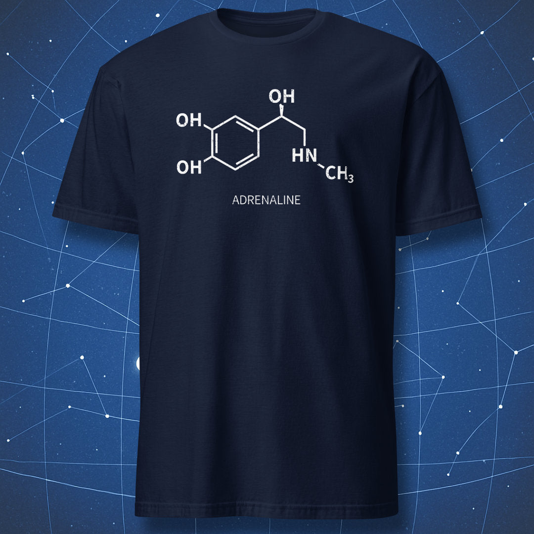 Navy adrenaline molecule T-shirt featuring a chemistry structure graphic