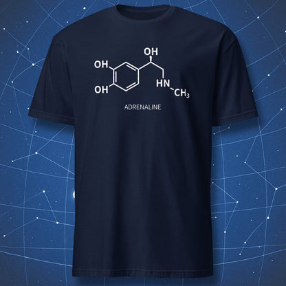 Navy adrenaline molecule T-shirt featuring a chemistry structure graphic
