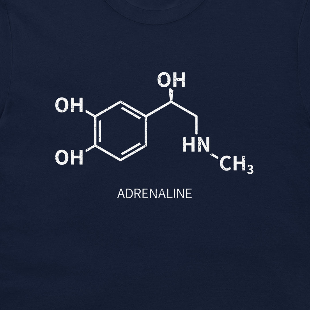 Close-up of adrenaline molecular structure printed in white on a navy T-shirt