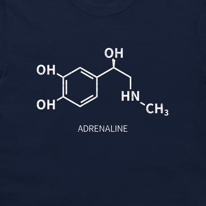Close-up of adrenaline molecular structure printed in white on a navy T-shirt