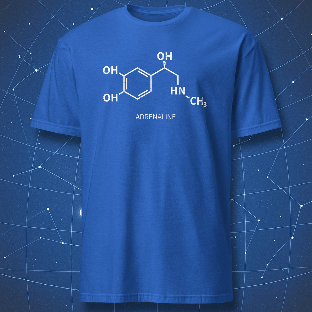 Royal blue adrenaline molecule T-shirt with white chemistry graphic