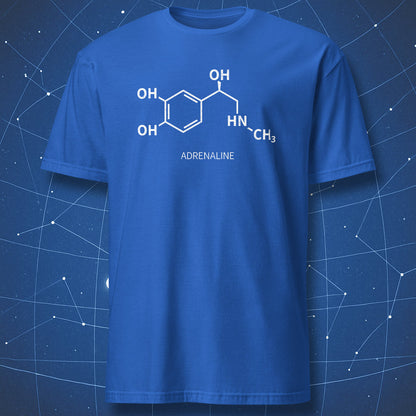Royal blue adrenaline molecule T-shirt with white chemistry graphic