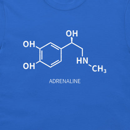 Close-up of white adrenaline chemical structure on a royal blue T-shirt