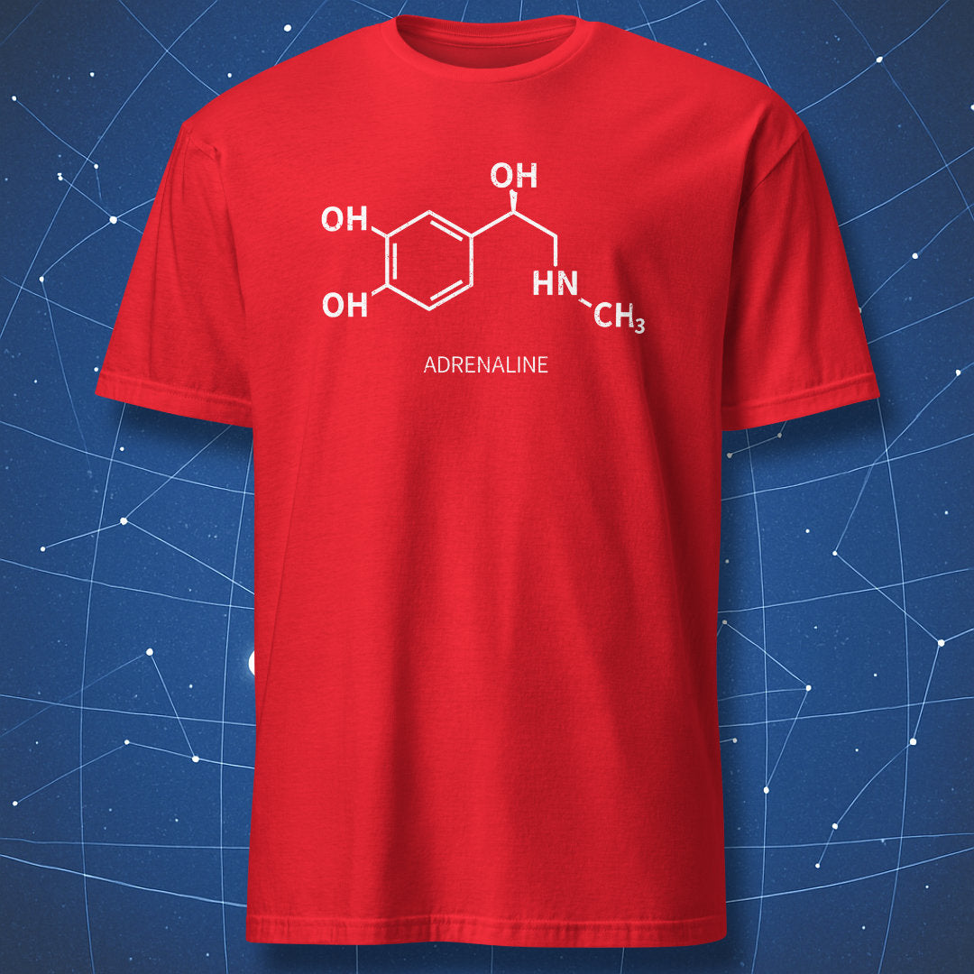 Red adrenaline molecule T-shirt featuring a white chemical formula design