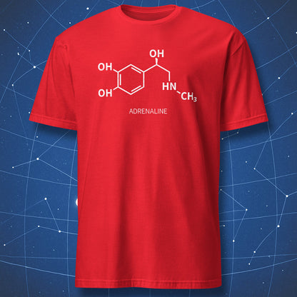 Red adrenaline molecule T-shirt featuring a white chemical formula design