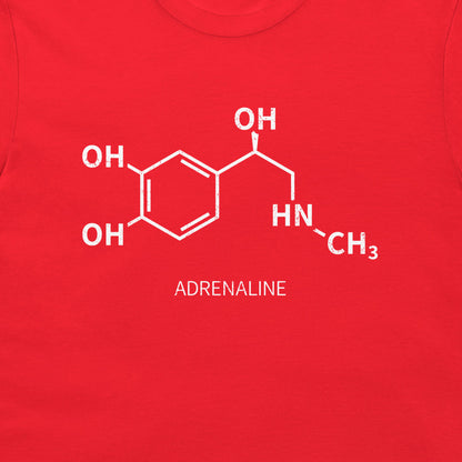 Close-up of adrenaline molecular structure printed in white on a red T-shirt